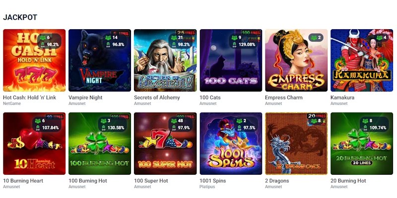 20Bet kaszinó jackpot játékok