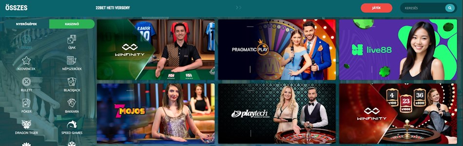 22Bet kaszinó élő játékok