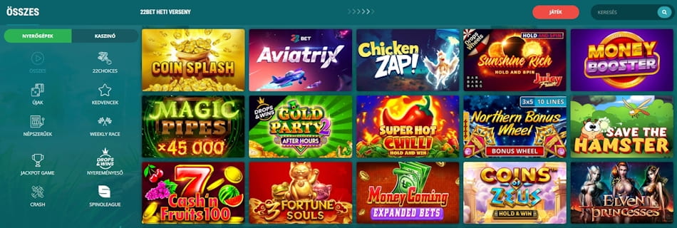 22Bet kaszinó nyerőgépes játékok