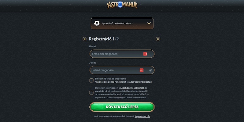 AstroMania regisztrációs űrlap