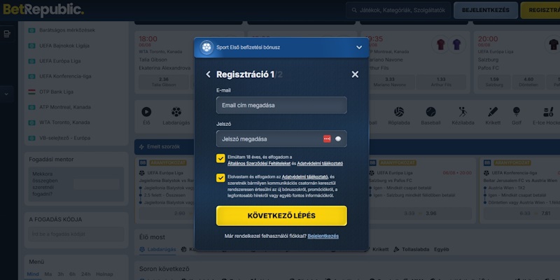 BetRepublic regisztrációs űrlap